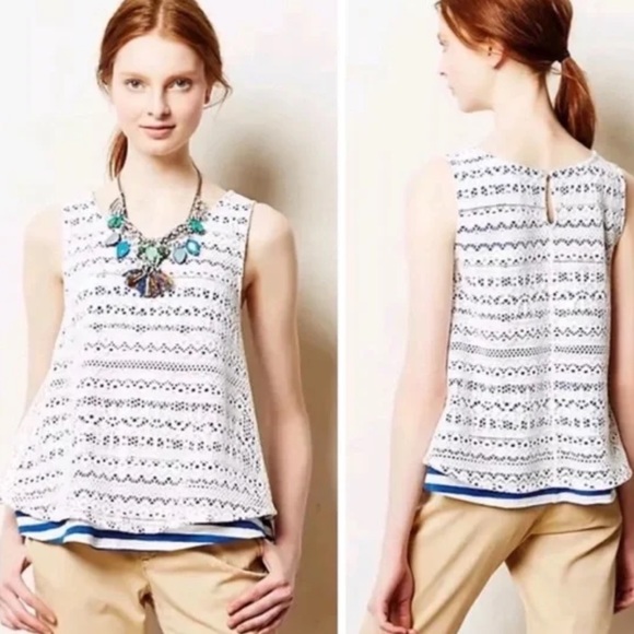 Anthropologie Postmark Blue and White Striped Top Crochet Overlay NWT Swing Tank - Picture 1 of 9